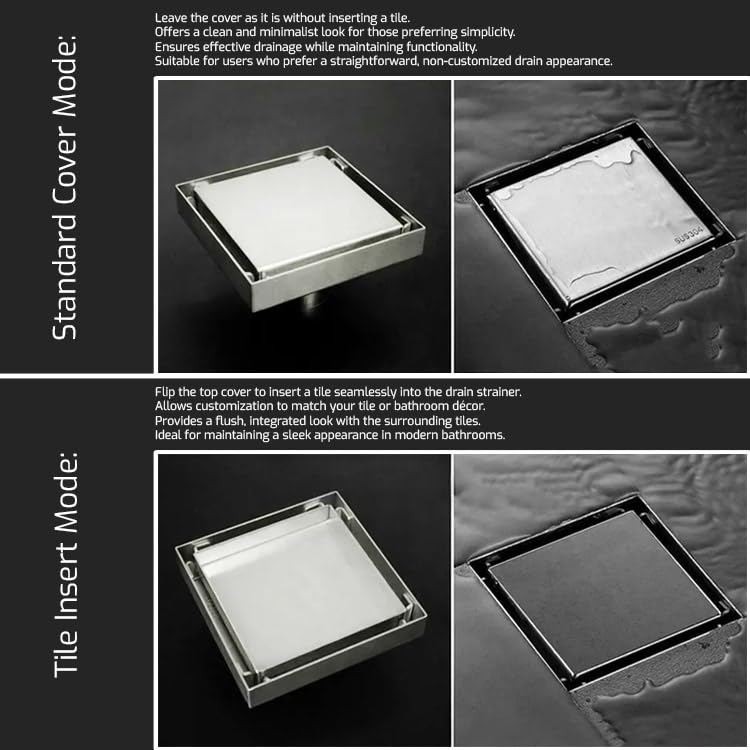 Image of Pixaflo Square Tile Insert Floor Drain | 5 x 5 Inches | 304 Stainless Steel | Invisible Shower Drain Channel | Waste Water Floor Drain for 13mm Tile | Drainer Channel | Anti Cockroach Trap | Silver
