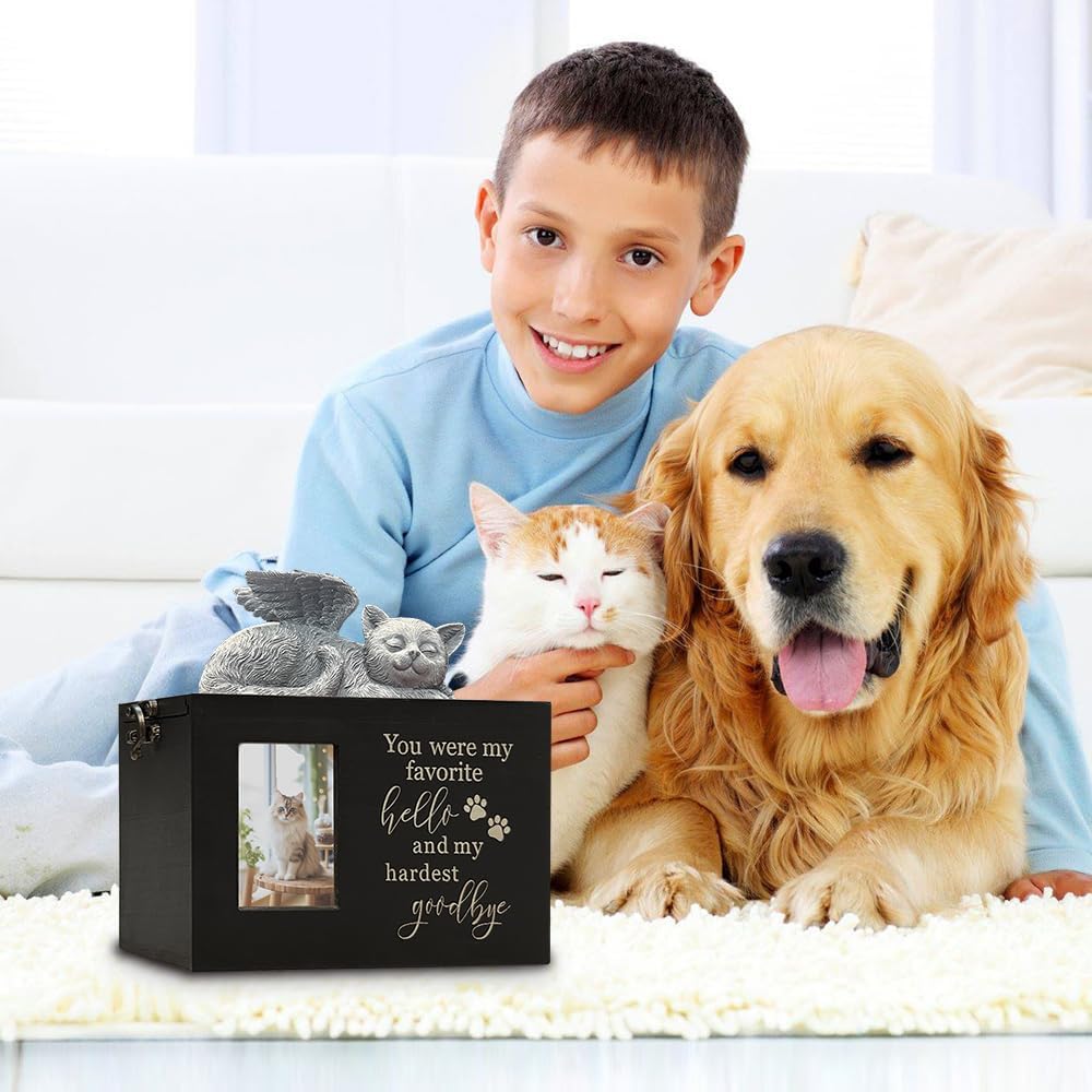 Pet Urn for Cat Ashes with Picture for Pet Funeral Cremation Box Wooden Keepsake with Photo Frame and Black Flannel Lining for Loss of Pet Remembrance Gift (Black Cat Urn-Hello-Medium)