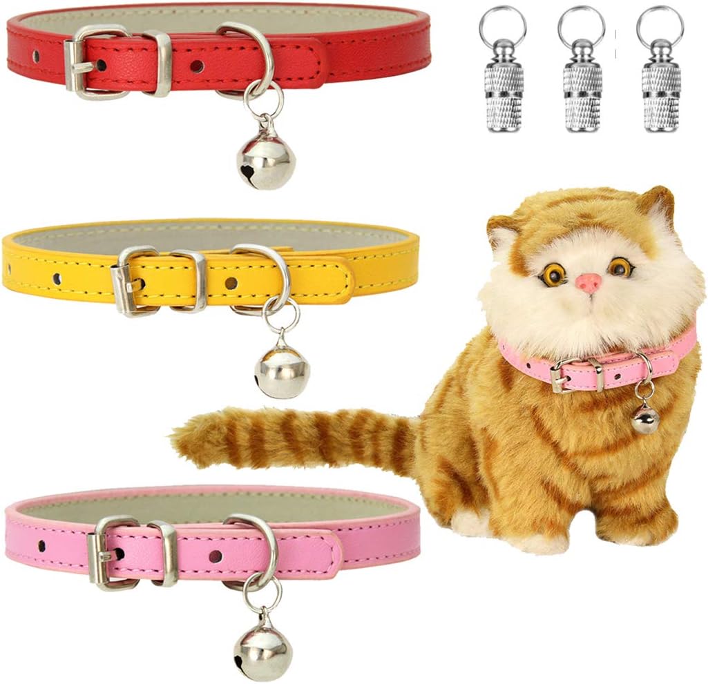 ZHONGGEMEI 3 sets of Leather Pet collars for Cats,Leather cat/kitten collar pink Adjustable 8"-10.5"