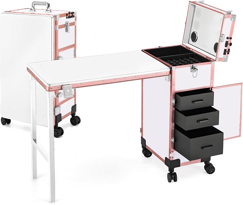 Maleta de maquiagem ZhenGuiRu com mesa dobrável, 3 gavetas, espelho, alto-falante Bluetooth, organizador de esmaltes e rodas