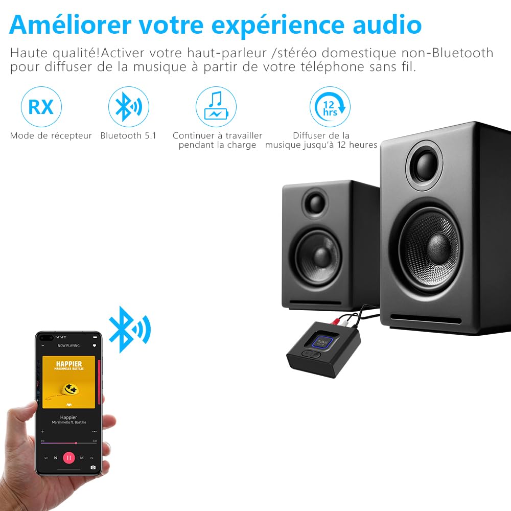 1Mii ML201 Recepteur Bluetooth 5.1, Adaptateur Bluetooth RCA 3.5mm Jack AUX, SBC AAC Recepteur pour Accueil Système Stéréo, Mode Basse, Taille Mini, Batterie Intégrée