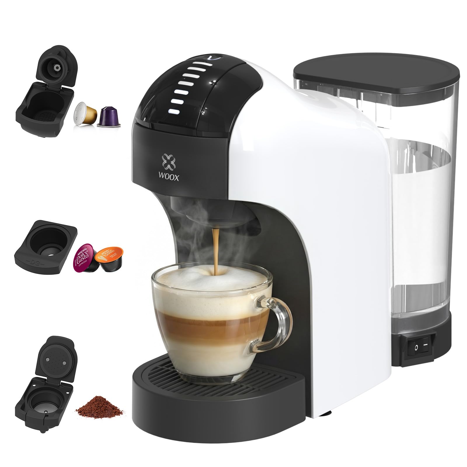 Woox Cafetera Cápsulas, 20 bares de presión, 1400W potencia, Compacta, Apta para Café Molido, Dolce Gusto, Nespresso y K-fee, Depósito Extraíble de 850ml, Apagado Automático