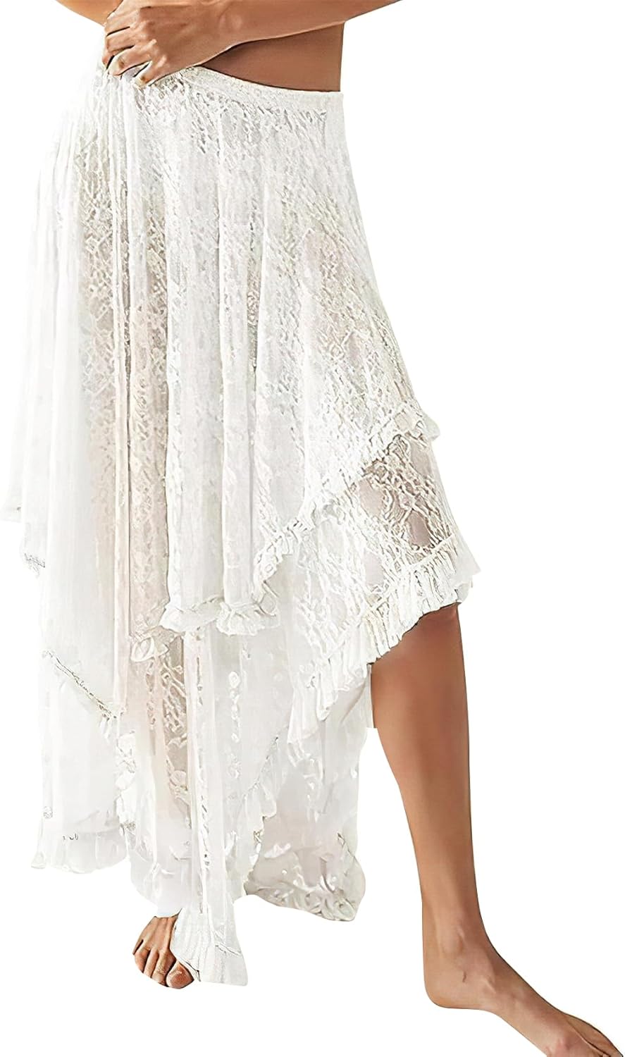 ROJZR Womens Lace Long Skirts Elastic High Low Asymmetrical Layered Hem Sexy See-Through Maxi Skirts Sheer Flowy Beach