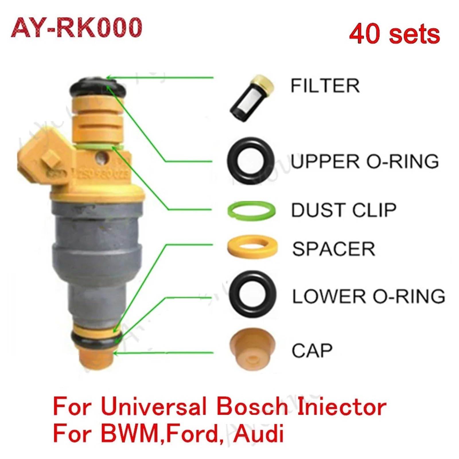 Fuel Injector 40 zestawów zestawów serwisowych wtryskiwaczy paliwa pasujących do uniwersalnych zestawów naprawczych Bosch typu 0280150943 0280150556 Wtryskiwacze paliwa samochodowego