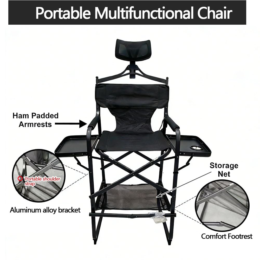 Folding Director Chair Sedia da Regista Portatile for truccatori con tavolino Laterale,portabicchieri,Sedia Parrucchiere Pieghevole e Leggera for saloni di Trucco,Cinema