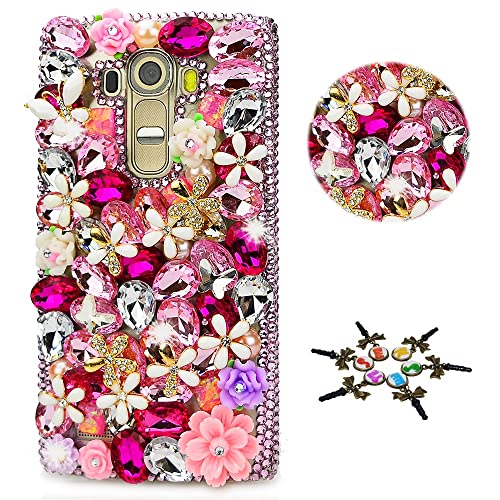 STENES Bling Phone Case Compatible with LG K52 Case - Stylish - 3D Handmade [Sparkle Series] Flowers Floral Butterfly Sparkly Diamond Rhinestone Design Cover Case - Red