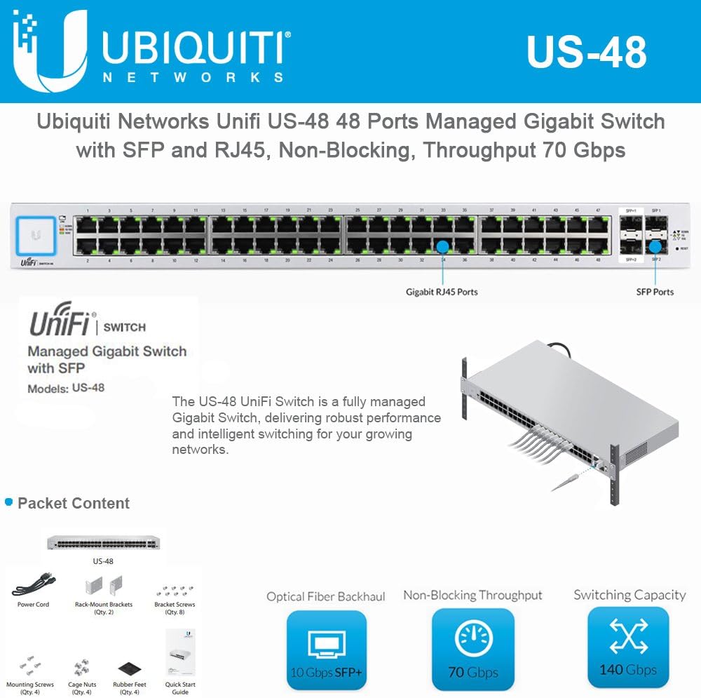 Ubiquiti Network Unifi US-48 48 Ports Managed Gigabit Switch with SFP and RJ45, Non-Blocking, Throughput 70 Gbps