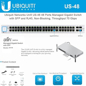 Ubiquiti Network Unifi US-48 48 Ports Managed Gigabit Switch with SFP and RJ45, Non-Blocking, Throughput 70 Gbps