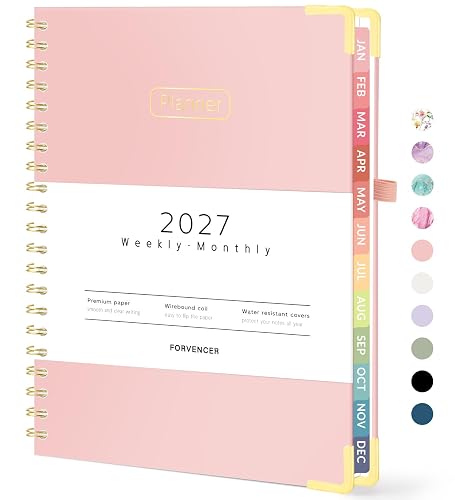 Forvencer 2027 Planner, Hardcover Calendar Planner Jan - Dec 2027, 8.5"x11" | Spiral Weekly & Monthly Planner, Daily Agenda Book with Tabs, Daily Journal Organizer for Office Home School, Pink - Pink - 8.5"x11" (Jan 2027 - Dec 2027)