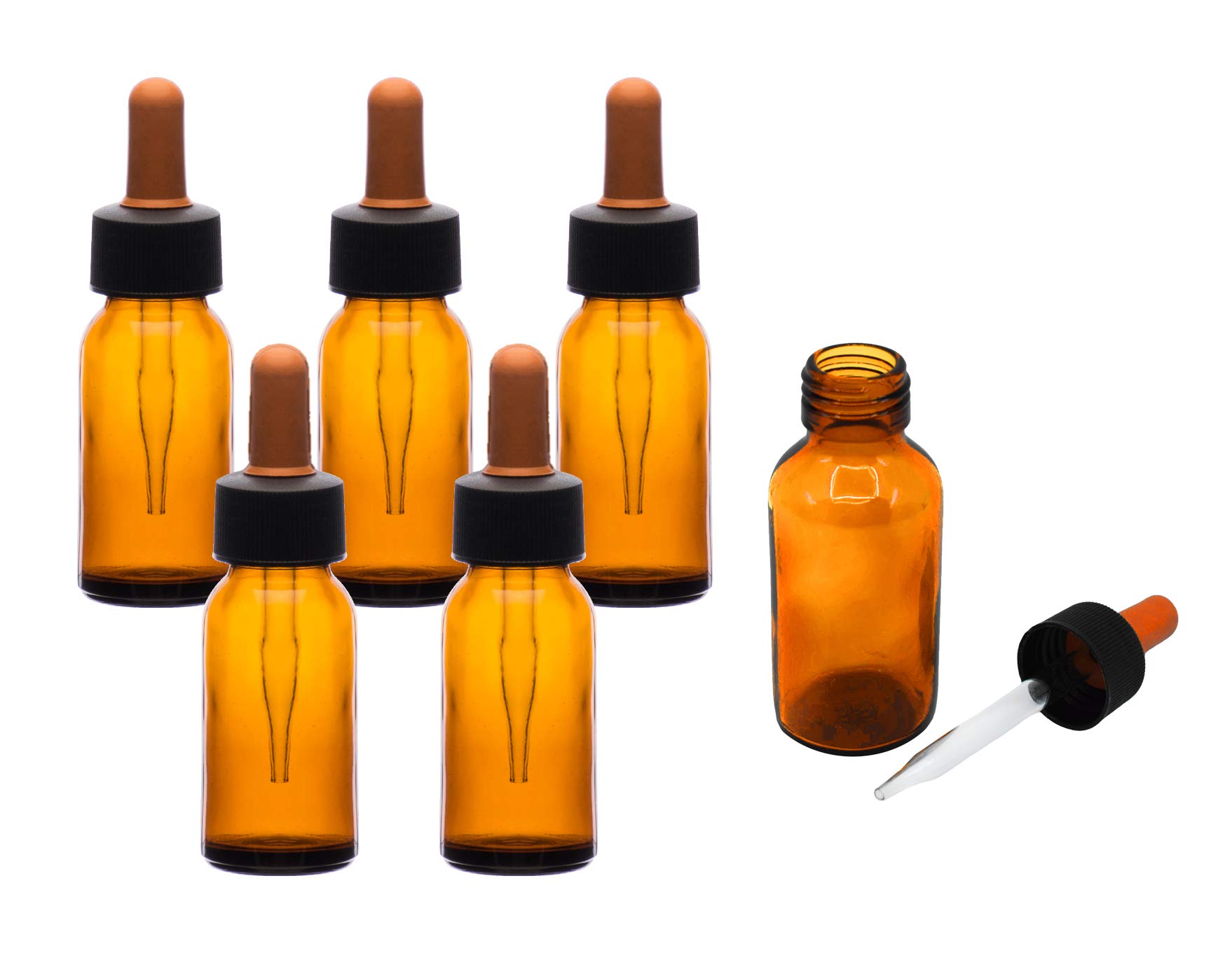 EISCO 6PK Dropping Bottles, 60ml (2oz) - Amber Soda Glass - Screw Cap with Glass Dropper & Rubber Bulb Labs