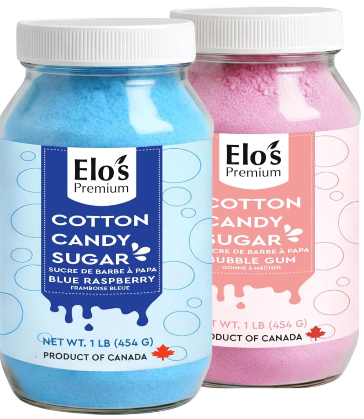 Cotton Candy Floss Sugar (2 Pack / 1lb x 2) | Blue Raspberry & Bubble-gum| PRODUCT OF CANADA| Easy Candy Forming| Works With Almost All Machines| Reusable Jars to Lock in Freshness| Flavoured Floss Ideal for Snack, Desserts, Party, Carnivals and More| By Elo's Premium