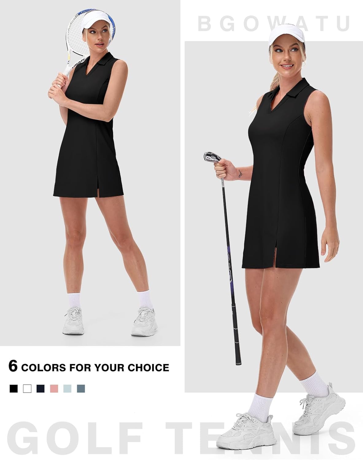 BGOWATU Women's Tennis Dress Sleeveless Collared V Neck Golf Polo Dress Side Slit Sports Dress with Shorts and Pocket - Image 7