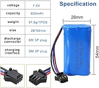 Vista 3 de KBT Paquete de 2 Baterías de Litio de 7.4V con Enchufe SM-3P, 600mAh Batería RC Recargable con 2 Cables de Carga USB para DE82 TK3086B G20601 RC Toy