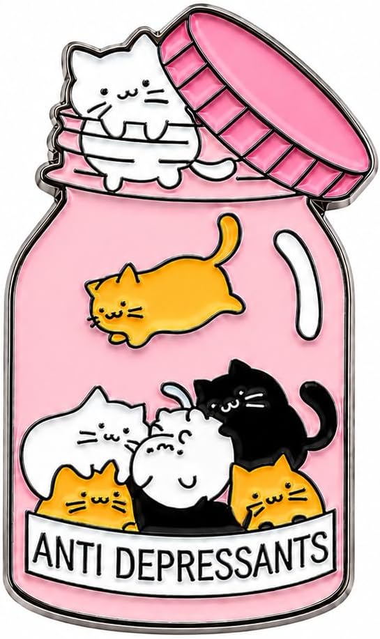 Funny Cat Enamel Pin - Cartoon Cats in Bottle Pins Brooch for Backpacks, Jackets, Hats with "ANTI DEPRESSANTS". Fun Animal Brooches Gift for Pet Lovers and Friends.