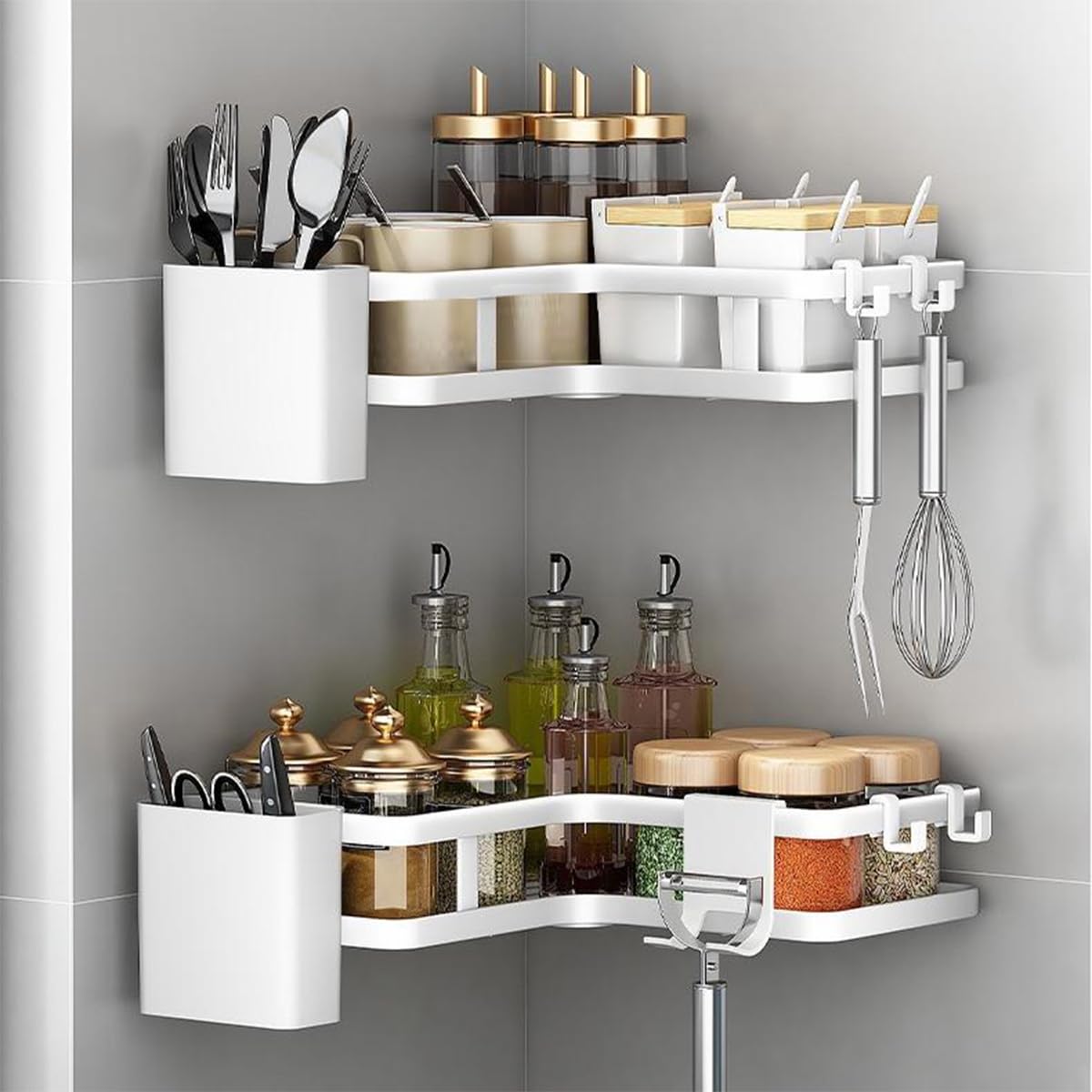 Corner Shower Caddy White Metal Wall Mount Bathroom Storage Organizer No-Drill Installation Triangular Design 2-Pack