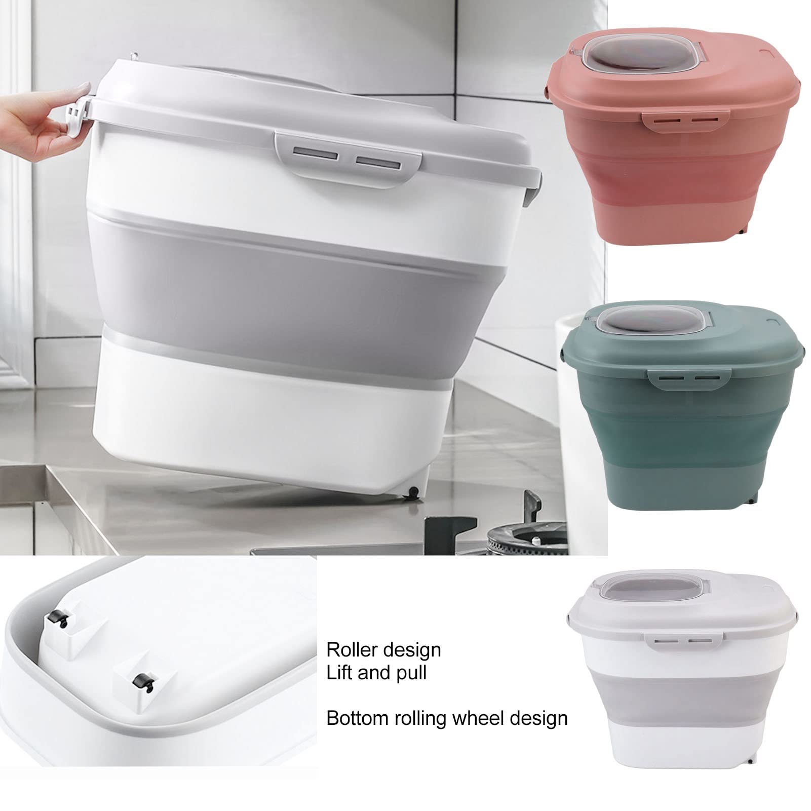 Fockety Contenedor de Almacenamiento de Alimentos, Contenedor de Alimentos Grande Plegable de 110.2 LB con Taza Medidora, Tapa de Bloqueo Hermético, Contenedor Dispensador para Arroz (Rosa)