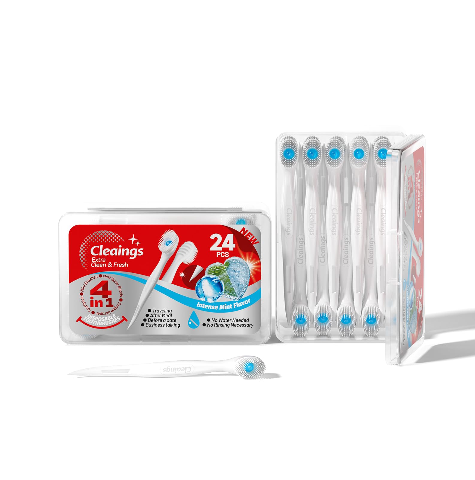 cleaings 4-in-1 使い捨て歯ブラシ 24本 お出かけ用 水不要 ポ…