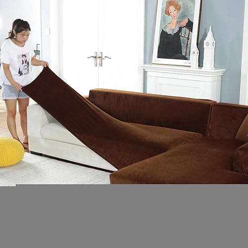 Funda elástica de felpa para sofá modular en forma de L, a prueba de polvo, protector de sofá para perro, cojín esquinero antideslizante, color