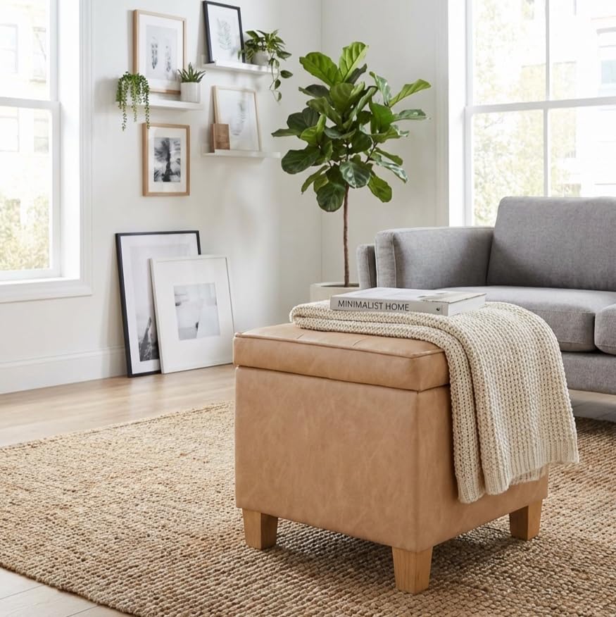 Image of HomePop 18 inch Square Tufted Storage Ottoman - Sand Faux Leather