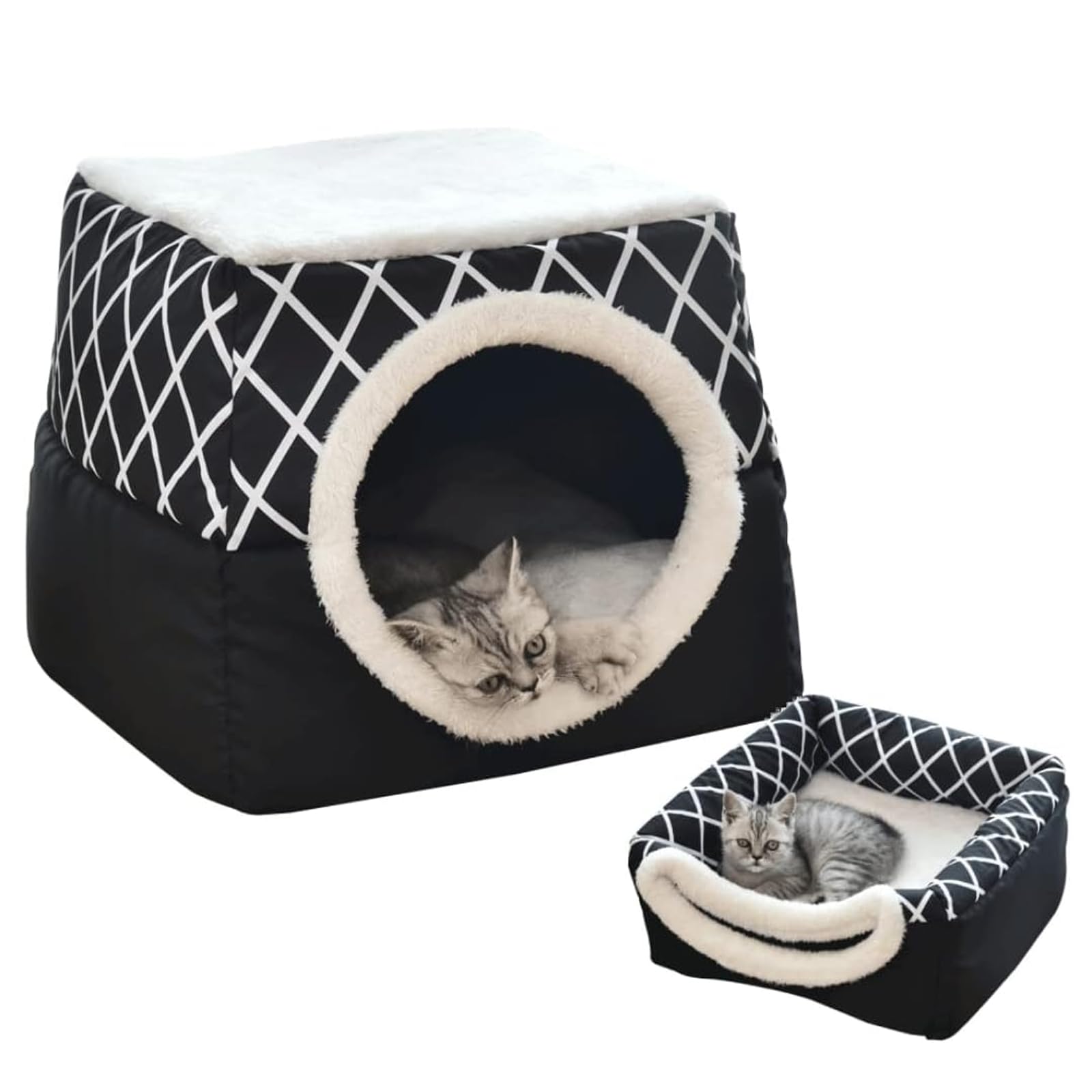LONGROOLCat Bed, 2-in-1 Foldable Cat Cave, Space Case Shaped, Comfortable Warm (Black)