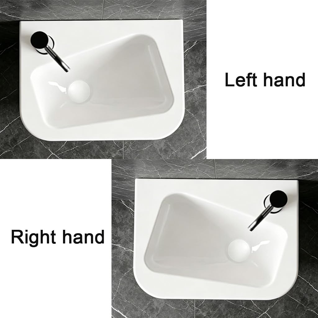 Lavabo de cerámica blanca para baños pequeños, lavabo suspendido rectangular de 35.5×25.5 cm, lavabo encimera moderno colgado a pared con desagüe izquierdo