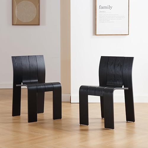 Miniatura 10 de Juego de 4 sillas de comedor de madera negra, sillas de comedor modernas de mediados de siglo con respaldo de madera maciza curvado, sillas