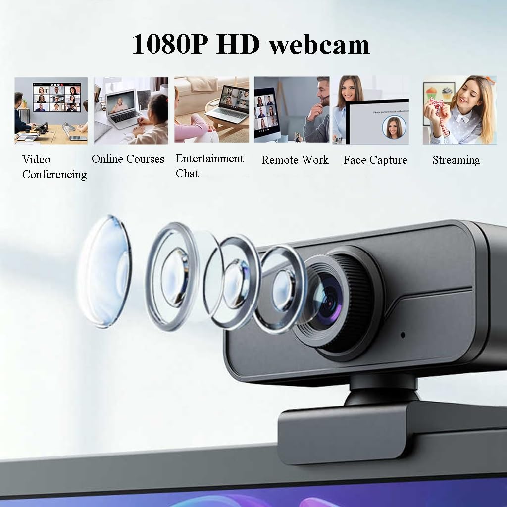GIZNXBA Webcam Full HD 1080P, Cancelación De Ruido, Cubierta De Privacidad, Lente Gran Angular, Corrección Automática De La Luz, Webcam USB Plug & Play para Ordenador Portátil