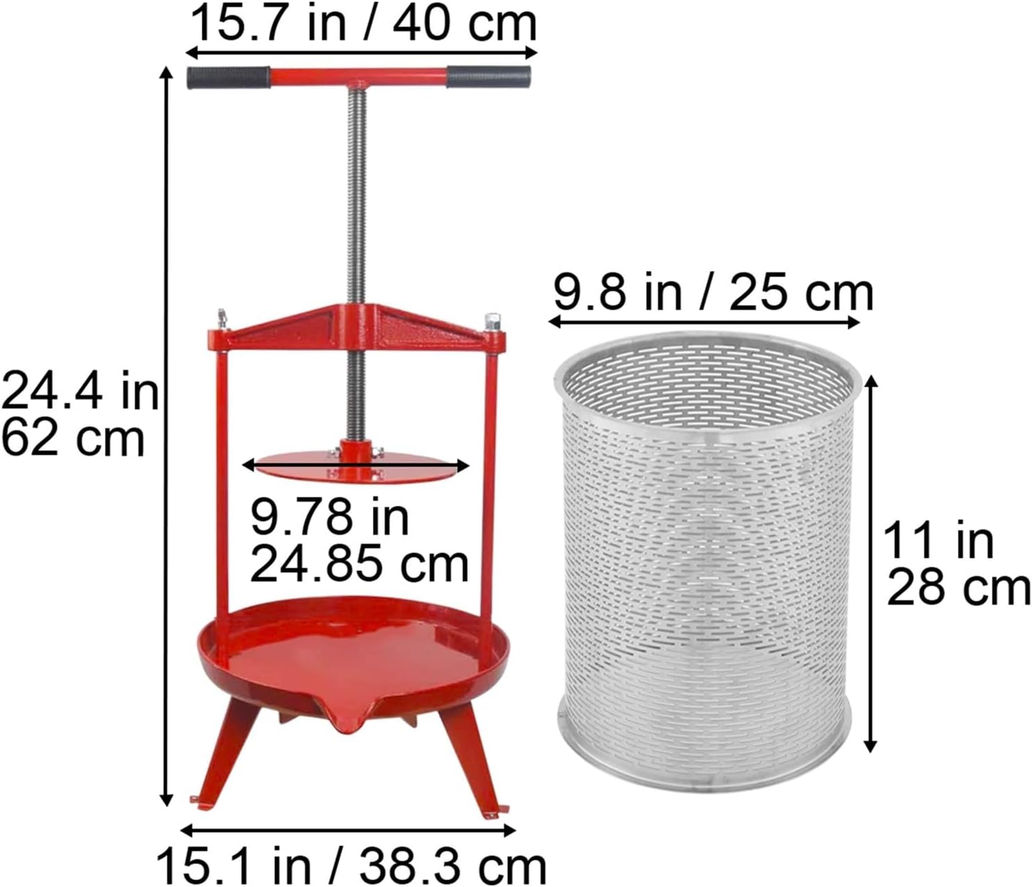 Fruit Wine Press Manual Press For Wine Making 1.3/2.4/3.7Gal 5/9/14L Stainless Steel Basket Red Silver Wine Grape Press(14L)