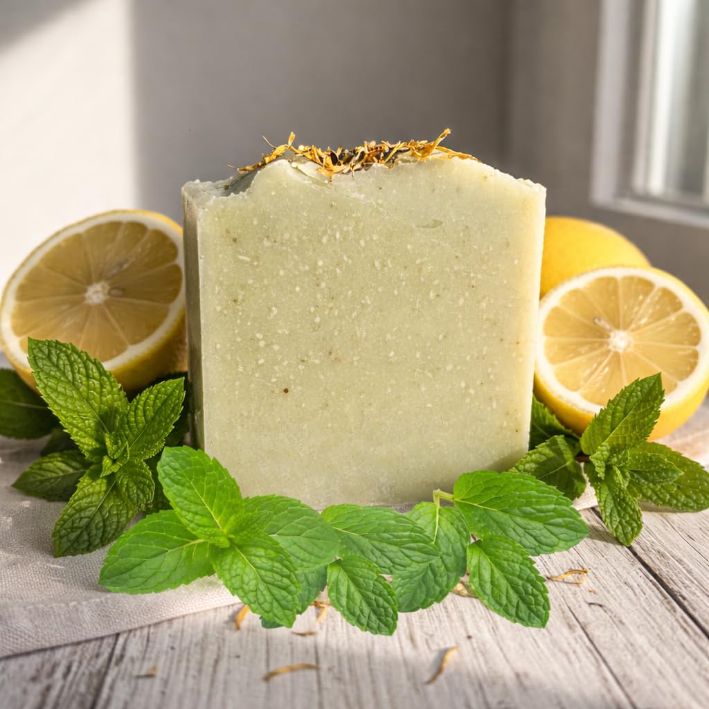 Peppermint lemon soap bar handcrafted citrus and mint cleanser with essential oils refreshing plant-based bar for face body