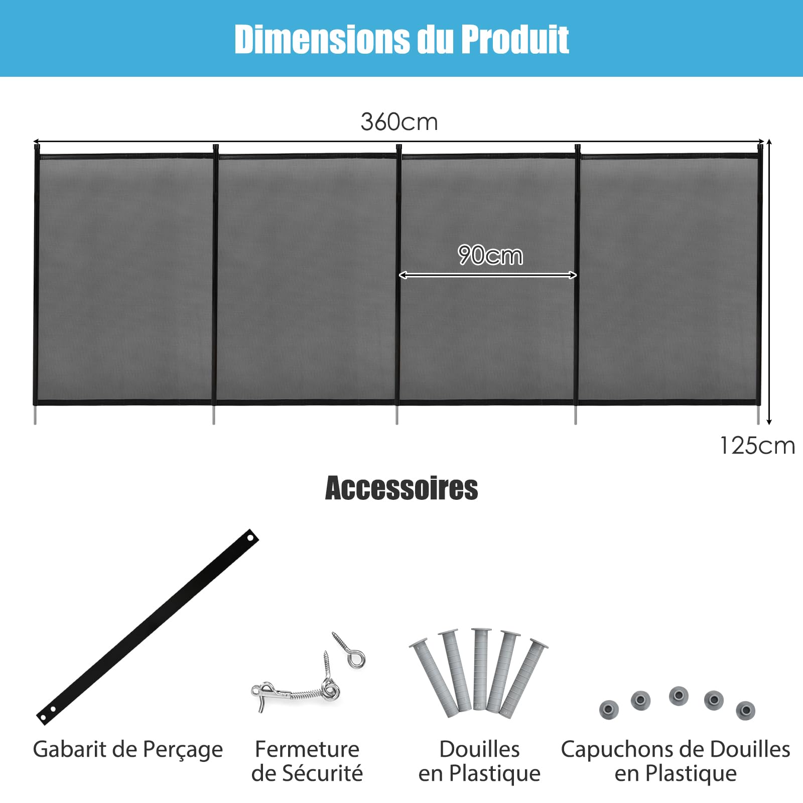 SOARS Clôture Piscine, Lot de 4 Barrières Extérieur 360 X 125 CM