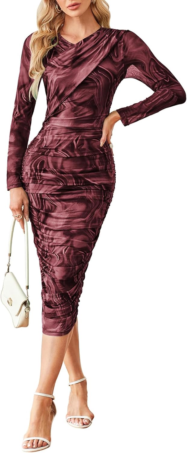 GRACE KARIN Women’s Ruched Wrap Bodycon Dresses Mesh Print Fall Formal Midi Dress Long Sleeve Fitted Tight Party Club Dress