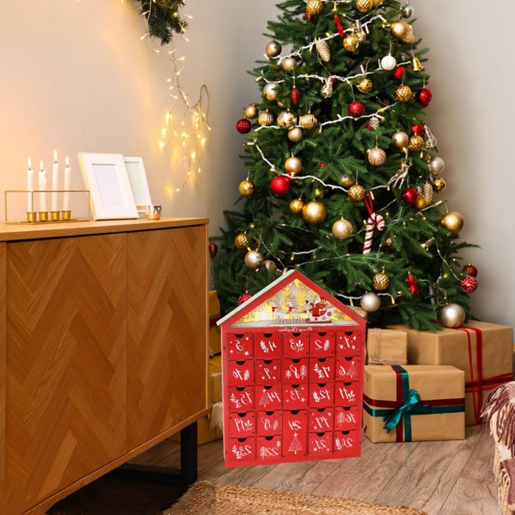 Calendario de Adviento LED de Navidad con 24 cajones de almacenamiento, calendario de Adviento de madera decorado con casa de árbol de Navidad, calendario de cuenta regresiva de Navidad reutilizable,