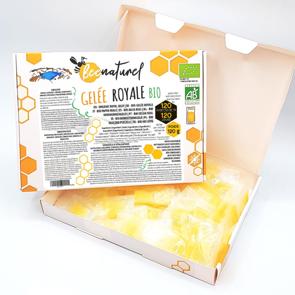Gelée royale bio 120g | 120 dosettes 1g | Programme hiver 4 mois | Gelée royale française fraîche pure | Immunité adulte enfant | 100% Naturel