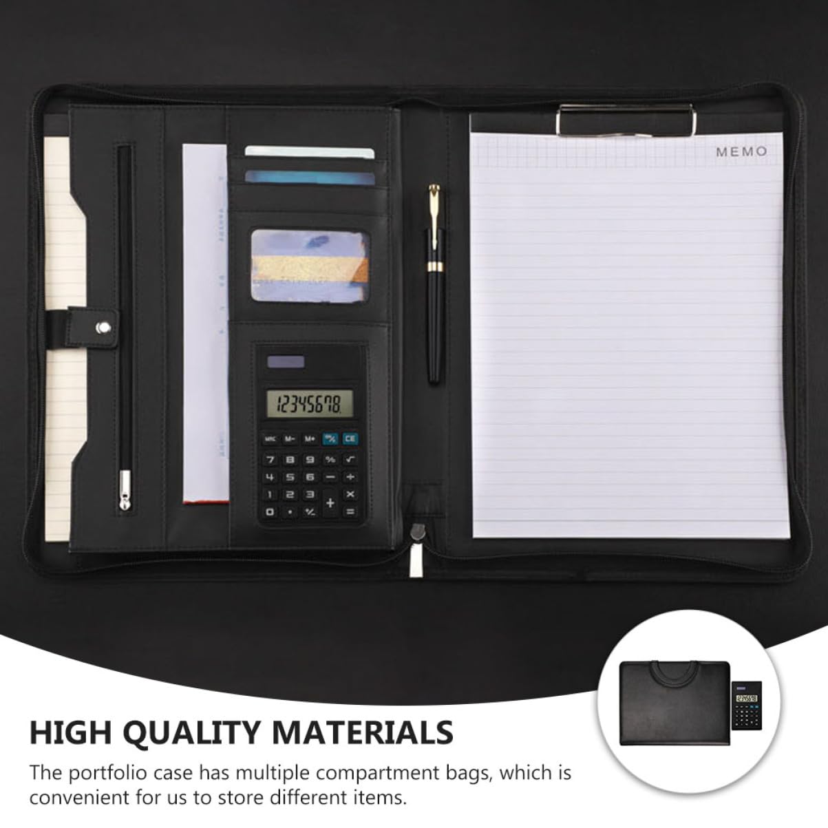 HOMSFOU Cartellina Portfolio PU con Chiusura Cerniera Organizzatore Documenti per Ufficio e Scuola Elegante e Professionale Facile Trasportare Include Blocco Note e Calcolatrice