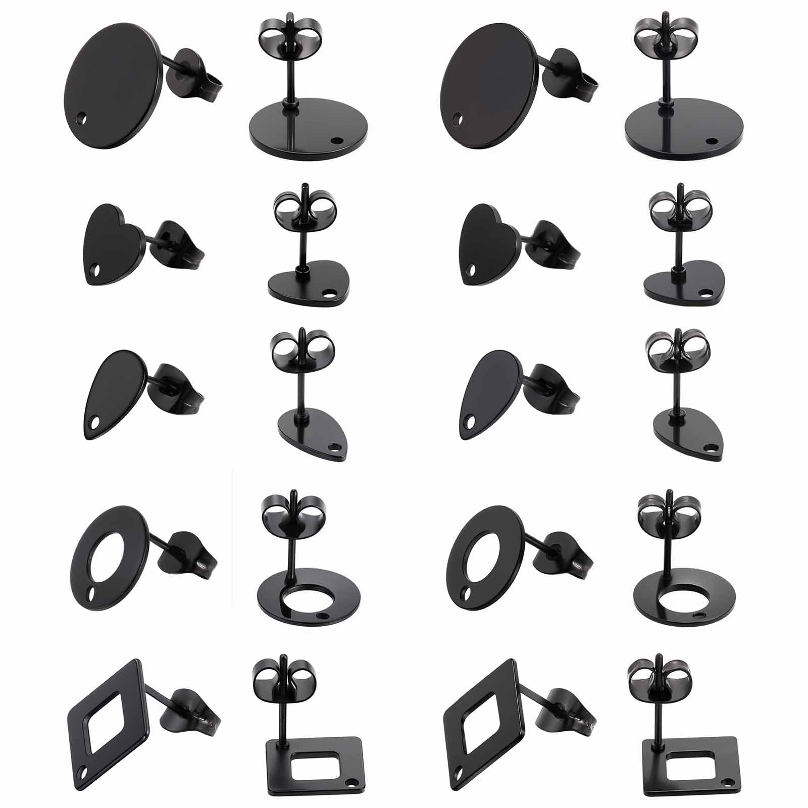 SUNNYCLUE 1 Box 30Pcs 5 Style Black Earring Posts Stainless Steel Earring Post Ear Stud With