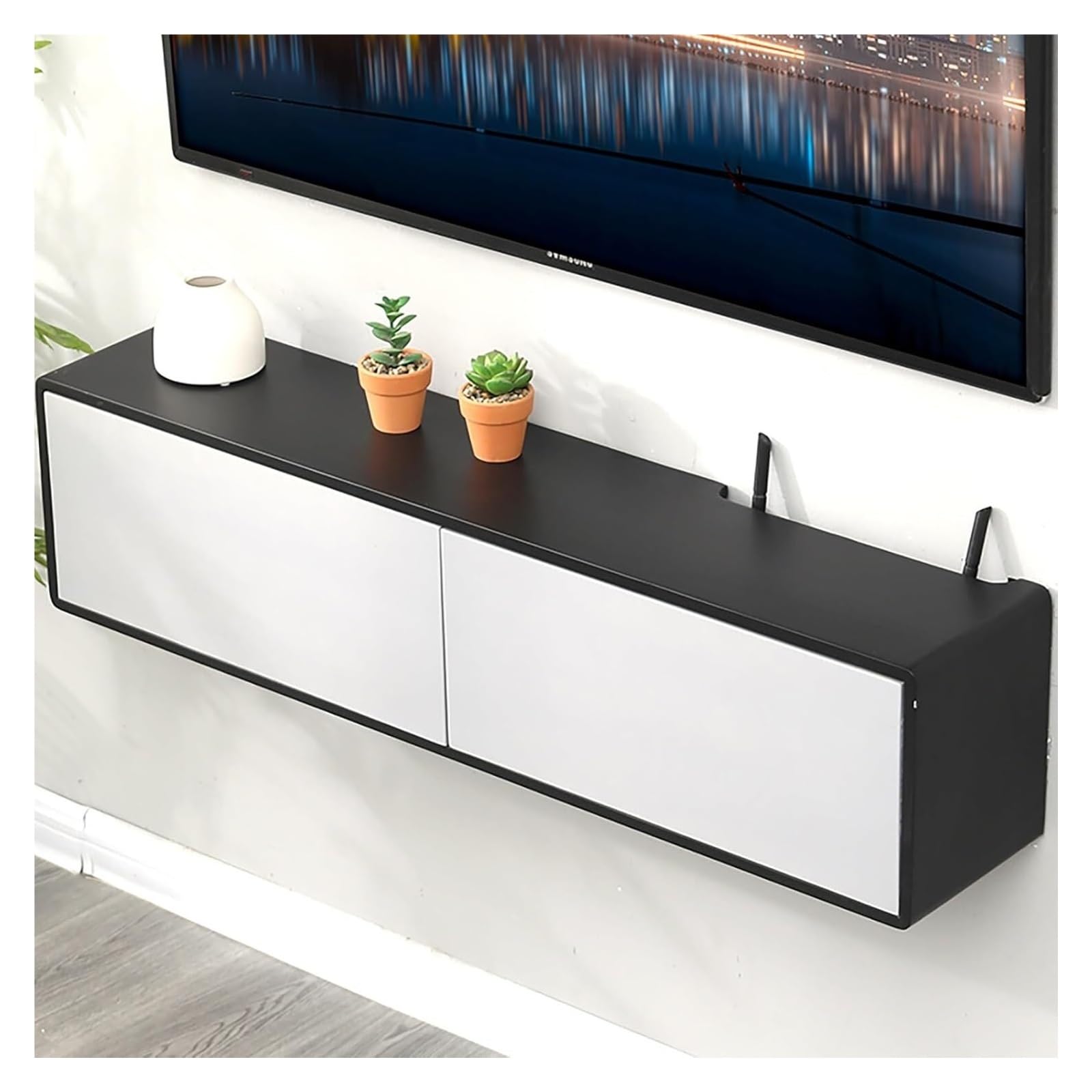 Boîte de rangement routeur WiFi en bois noir 100 cm | Support décodeur mural salon