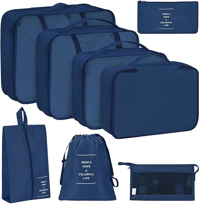 KPX 8 Set Packing Cubes for Travel, Luggage Packing Organizers Accessories Large Toiletries Bag for Clothes Shoes Cosmetics (Navy Blue)