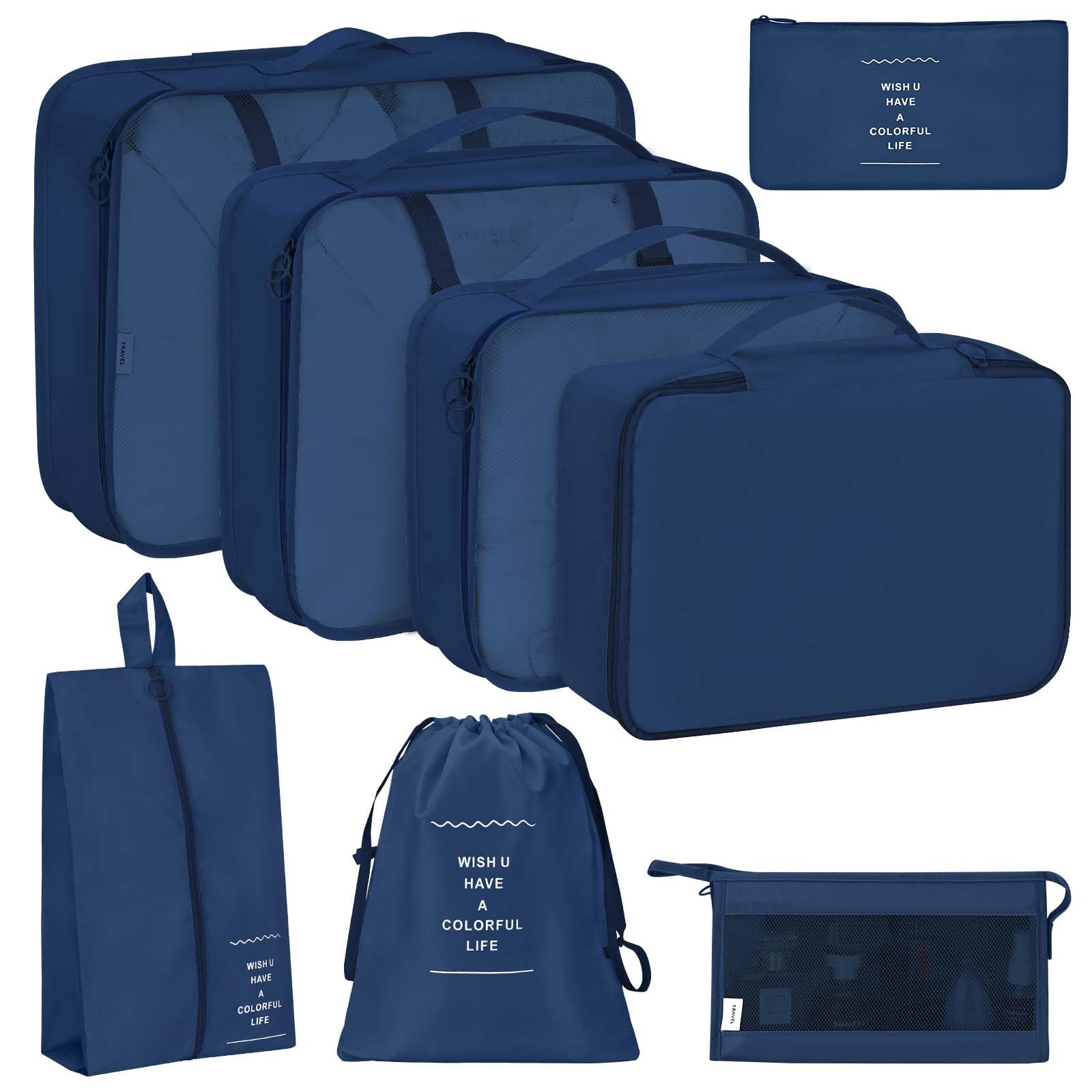 KPX 8 Set Packing Cubes for Travel, Luggage Packing Organizers Accessories Large Toiletries Bag for Clothes Shoes Cosmetics (Navy Blue)
