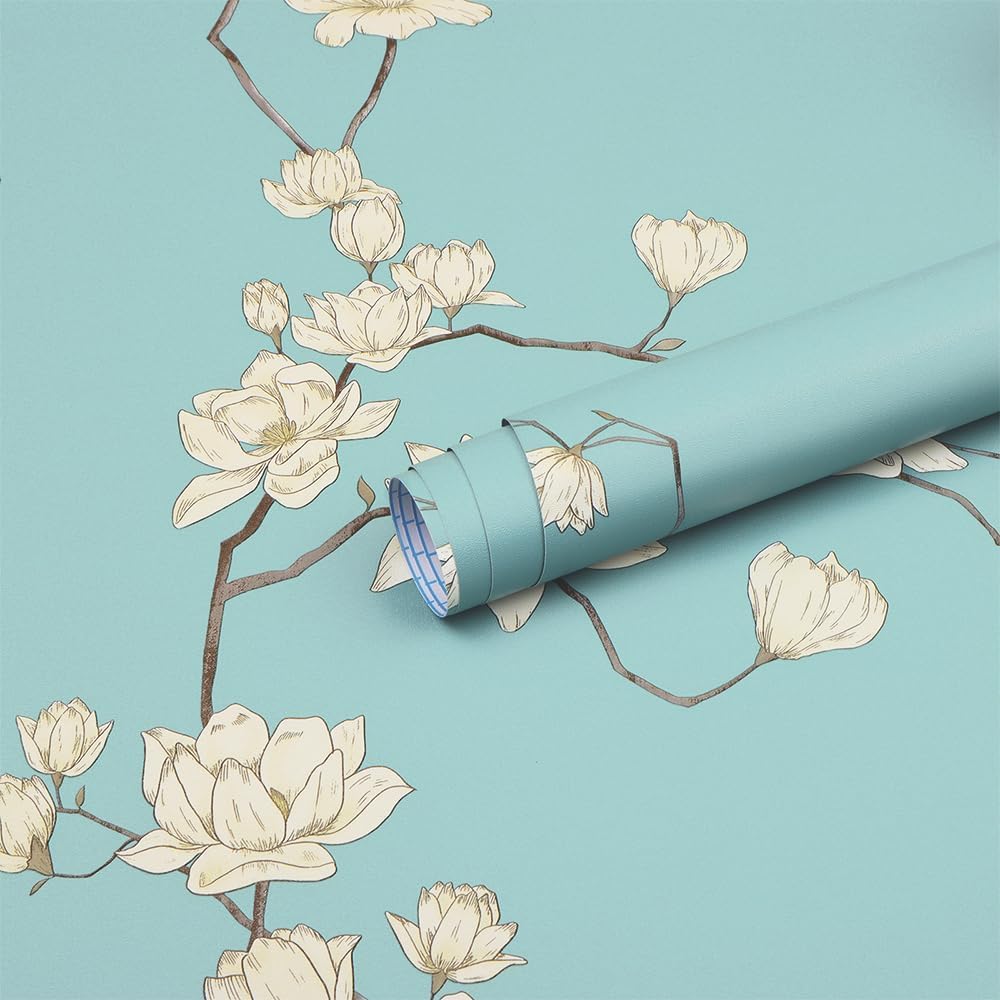 glorytik floral peel and stick wallpaper blue contact paper beige floral wall paper modern self adhesive removable waterproof wallpaper for bedroom bathroom cabinets room walls 17.3" x 393"
