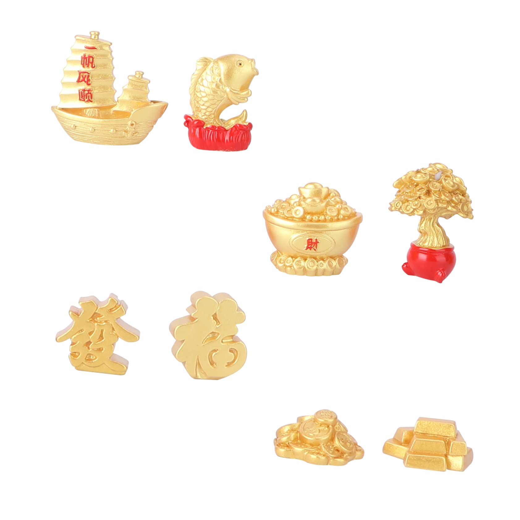 8pcs Fortune Jewelry Table Top Decor Mini Gifts Car Gifts Lucky Wealth Ornament Zodiac Animal Statue Feng Shui Ingot Simulated Golden Ingot Resin Art Crafts Auspicious Sailboat