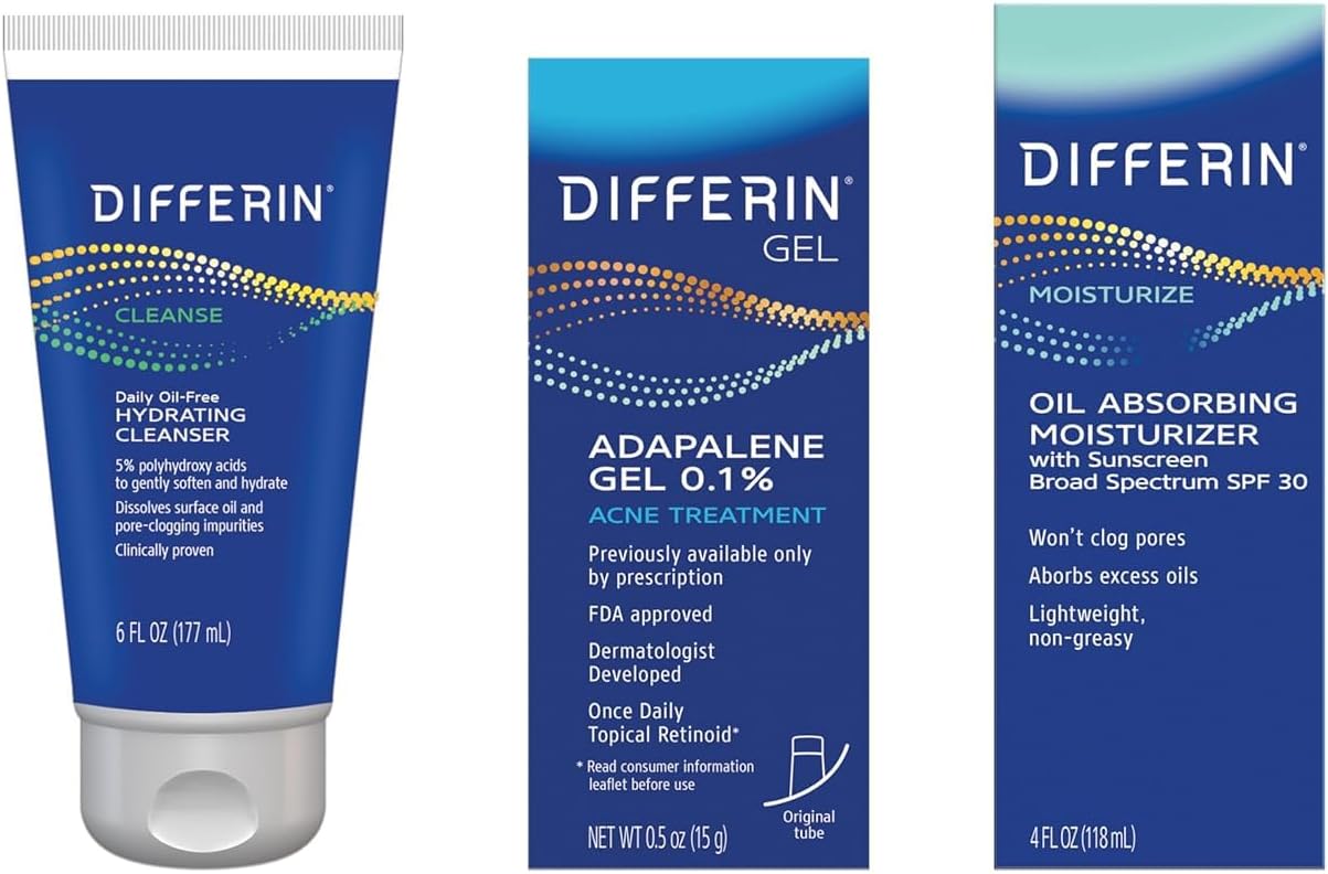 Differin Skincare Kit with Acne Treatments for Face, 3-Step Regimen with Daily Oil-Free Hydrating Face Wash, Differin Adapalene Gel Retinoid, & Face Moisturizer with SPF, Acne Kit For Acne-Prone Skin