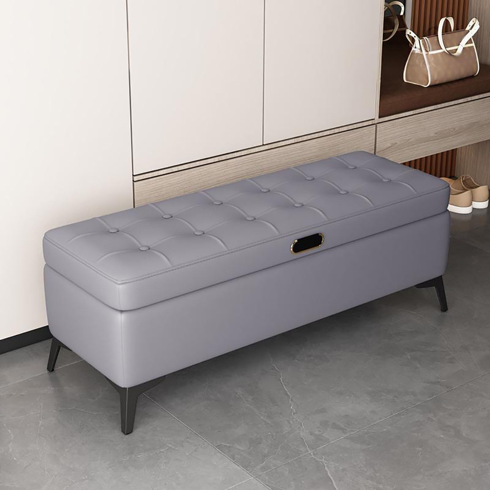 MSHGSKU Modern Upholstered Storage Bench for End of Bed Stylish Wood Frame Ottoman Shoe Rack Synthetic Leather Foot Rest for Bedroom Living Room Hallway (150x40x40CM Gray)