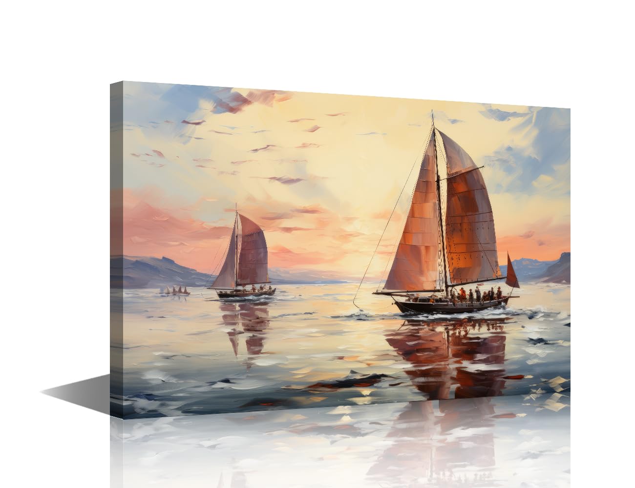 TISHIRON Oil Paintings Canvas Wall Art Framed Sailboats in the Sea at Sunset Pictures for Bedroom Wall Decor House Decor Framed Ready to Hang Posters and Prints 24" Wx36 Hx1 Panel