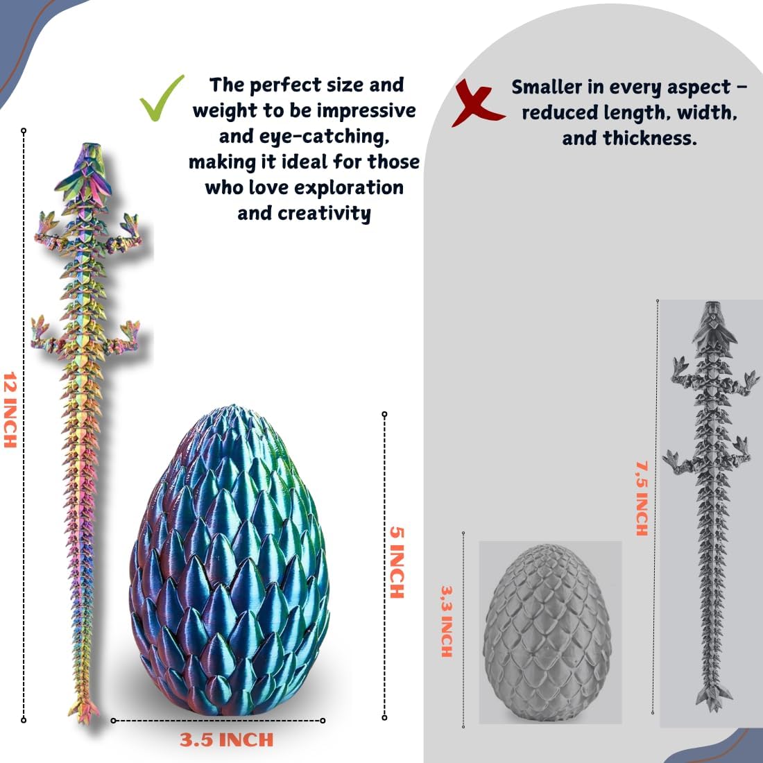 ELORION 12” 3D Printed Articulated Fidget Figure in 5” Egg , Prefilled Dragon Egg with Dragon Inside, Easter Basket Stuffer Gift (Multicolor)