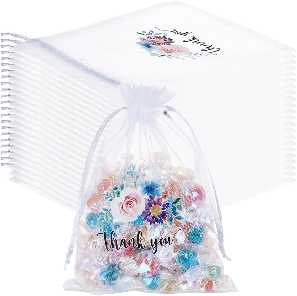 Beebeecraft 30Pcs Thank You Organza Bag 5x7 Inch Small Mesh Bags with Drawstring White Sheer Wedding Party Favor Gift Bags Flower Jewelry Mesh Pouch for Candy Storage Christmas Birthday Gifts Wrapping