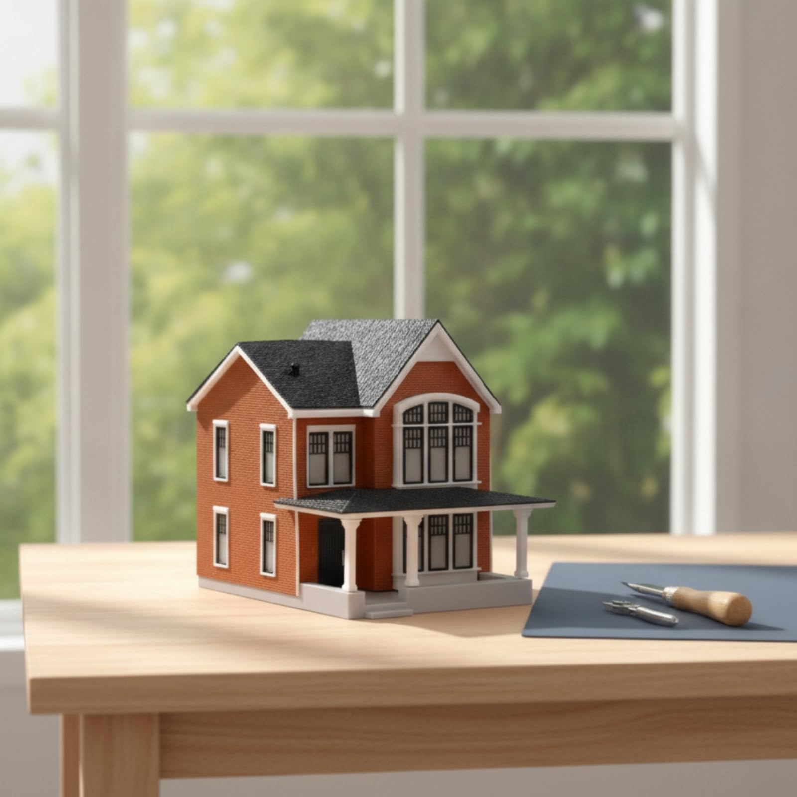 Miniatura Architettura Villa Modello Diorama Plastica Base Personalizzabile Due Piani Tetto a Due Falde Facciata Finestra Ad Arco Portico Colonne, Marrone Rosso