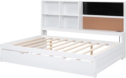 Miniatura 6 de Harper & Bright Designs Sofá cama matrimonial con nido, puertos USB, estantes de almacenamiento, pizarra y tablero de corcho, marco de cama