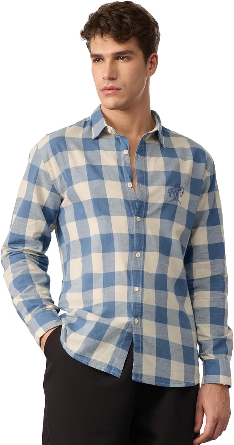 Blue Sails Men and Boys Long Sleeve Collared Neck Button Front Blue and Cream Checked Embroidered Regular Fit Cotton Linen Shirt