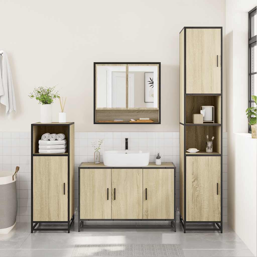 Set di 4 mobili da bagno con armadietto a specchio, effetto rovere
