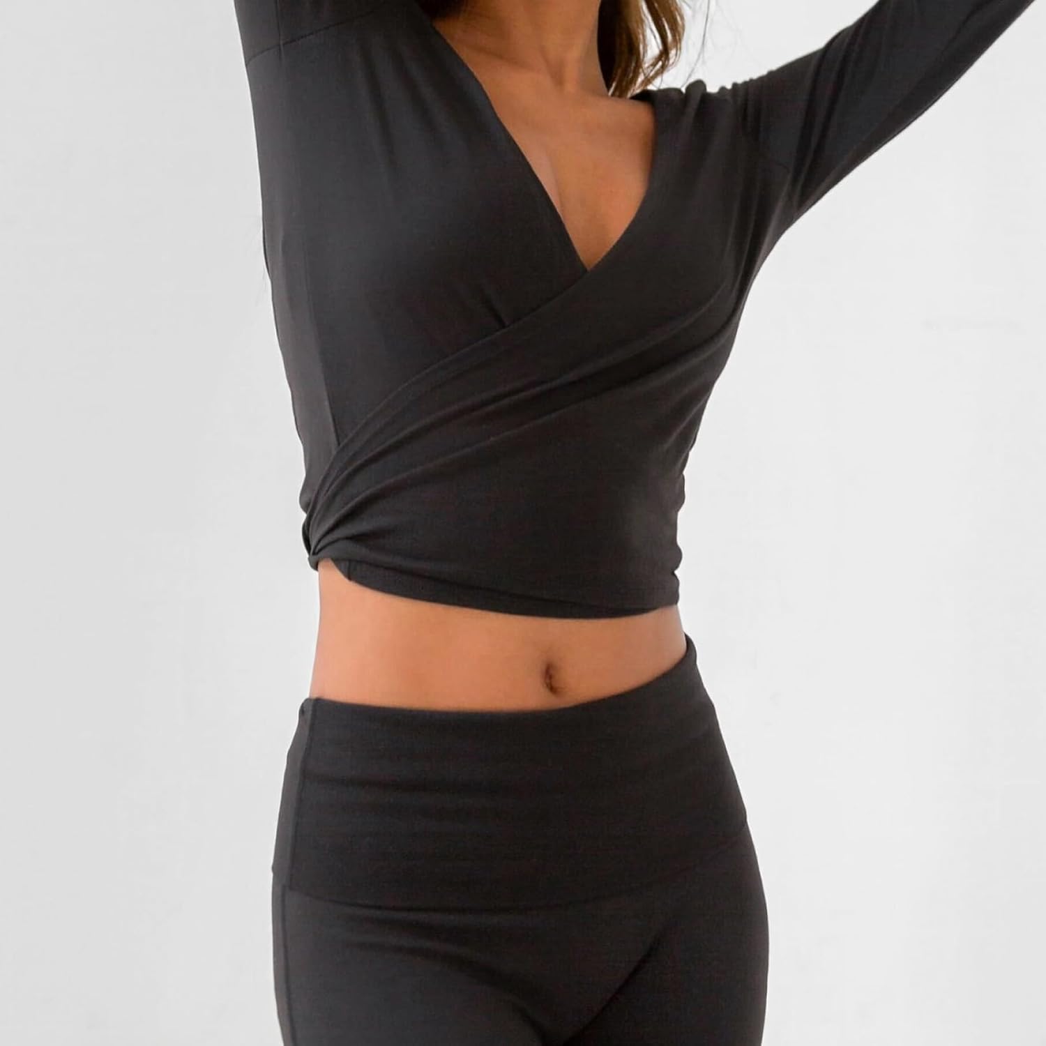 Women Ballet Wrap Tops Going Out Slim Fit V Neck Workout Yoga Pilates Top Tie Up Long Sleeve T Shirt with Fingers - Image 5